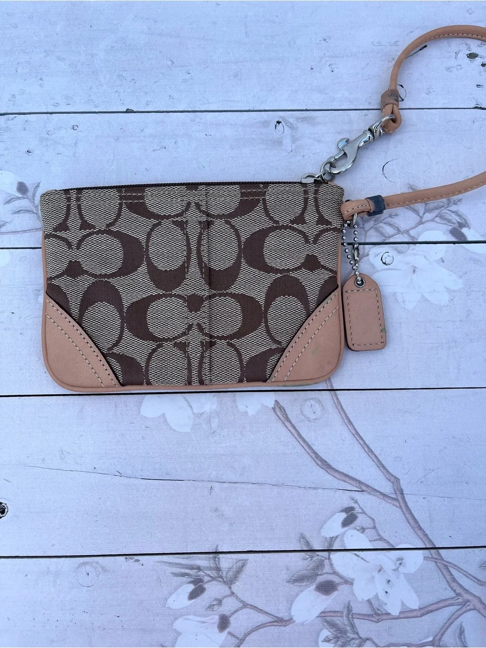 Coach Brown Signature Canvas Wristlet with Tan Leather Trim